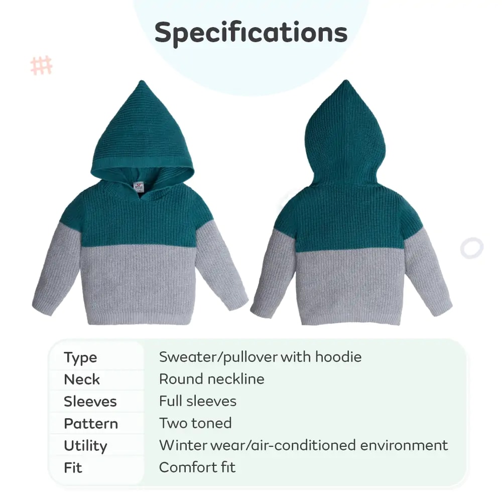 Baby Full Sleeves Sweater with Hoodie in 100% Cotton- Teal & Grey (6-9 M)
