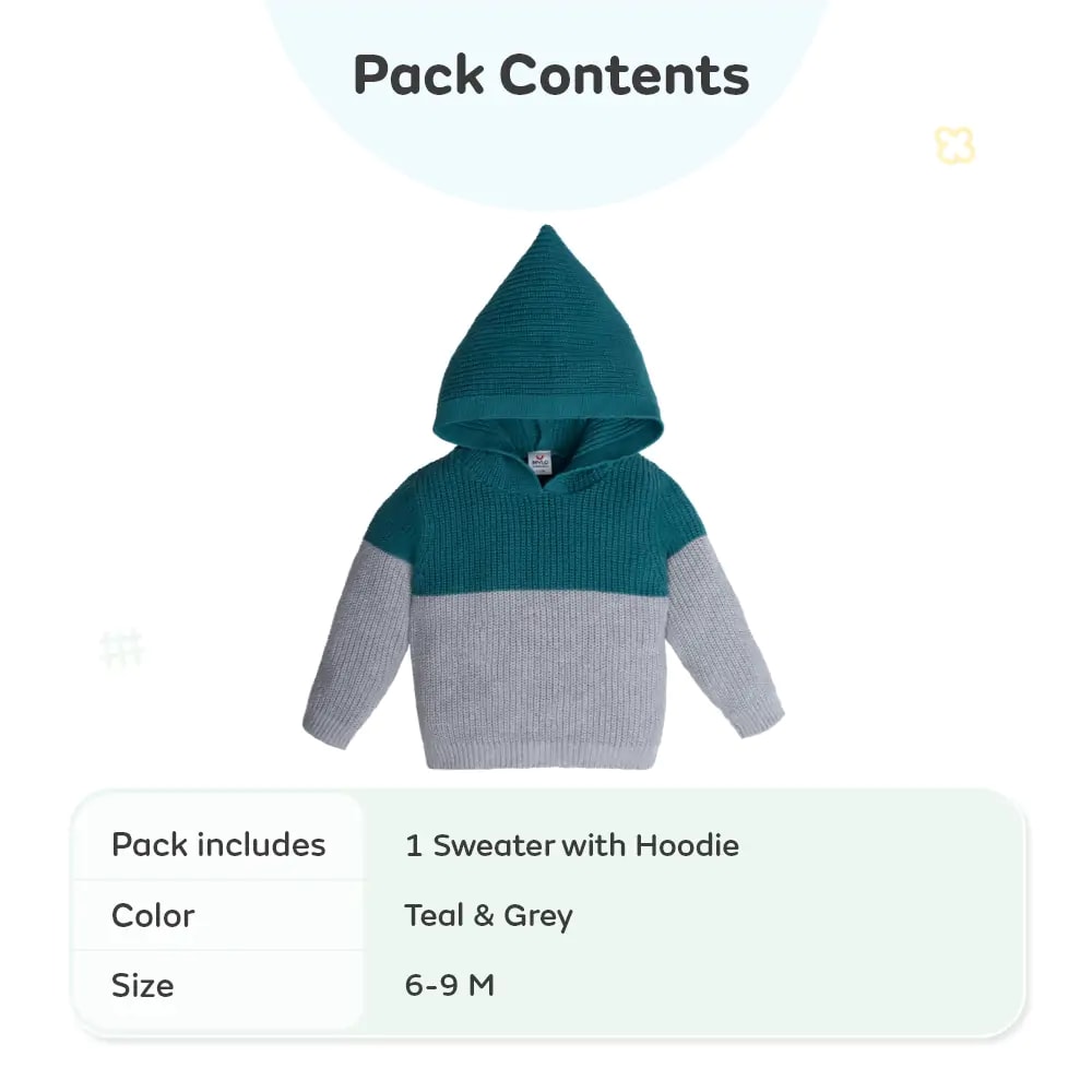 Baby Full Sleeves Sweater with Hoodie in 100% Cotton- Teal & Grey (6-9 M)