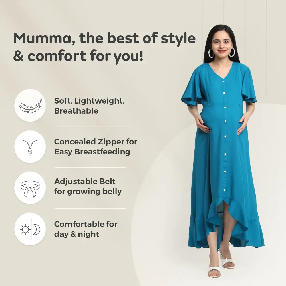 Pre & Post Maternity /Nursing, Asymmetrical Solid Maxi Dress with both sides Zipper for Easy Feeding - Hawaiian Blue-L