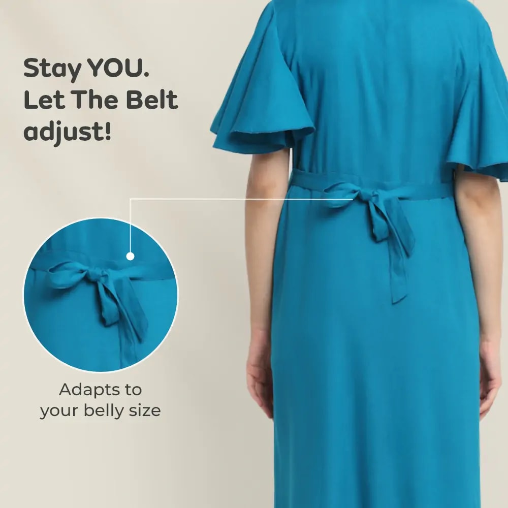 Pre & Post Maternity /Nursing, Asymmetrical Solid Maxi Dress with both sides Zipper for Easy Feeding - Hawaiian Blue-L