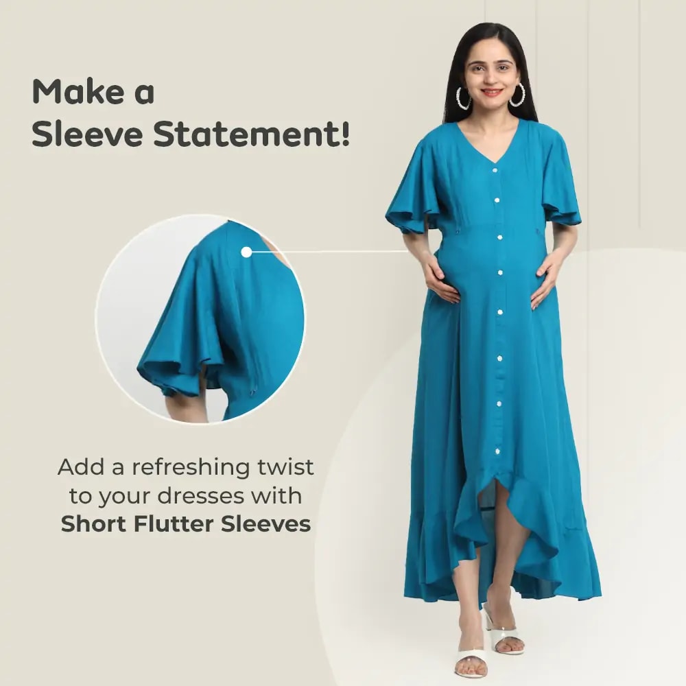 Pre & Post Maternity /Nursing, Asymmetrical Solid Maxi Dress with both sides Zipper for Easy Feeding - Hawaiian Blue-L