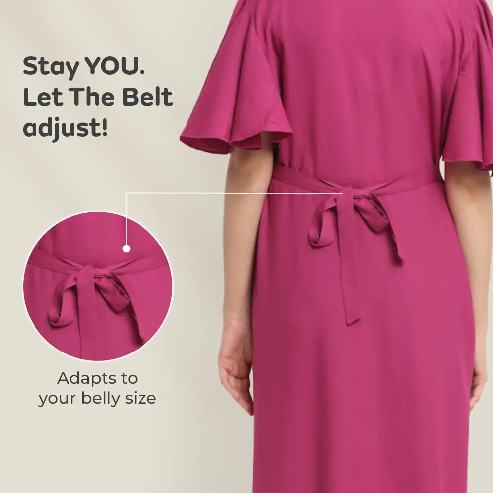 Pre & Post Maternity /Nursing, Asymmetrical  Solid Maxi Dress with both sides Zipper for Easy Feeding - Hawaiian Pink-M