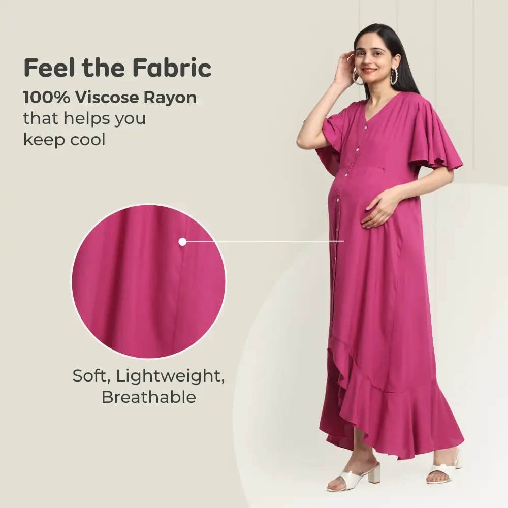 Pre & Post Maternity /Nursing, Asymmetrical  Solid Maxi Dress with both sides Zipper for Easy Feeding - Hawaiian Pink-M
