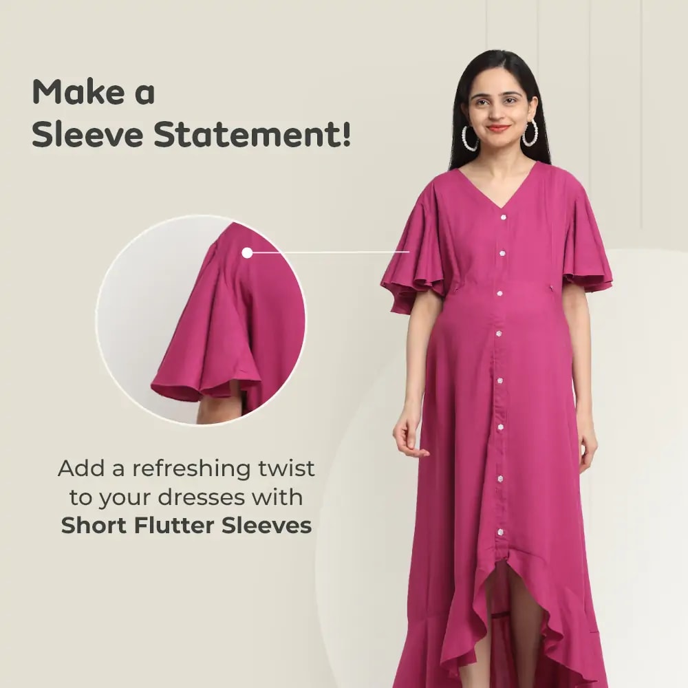 Pre & Post Maternity /Nursing, Asymmetrical  Solid Maxi Dress with both sides Zipper for Easy Feeding - Hawaiian Pink-M