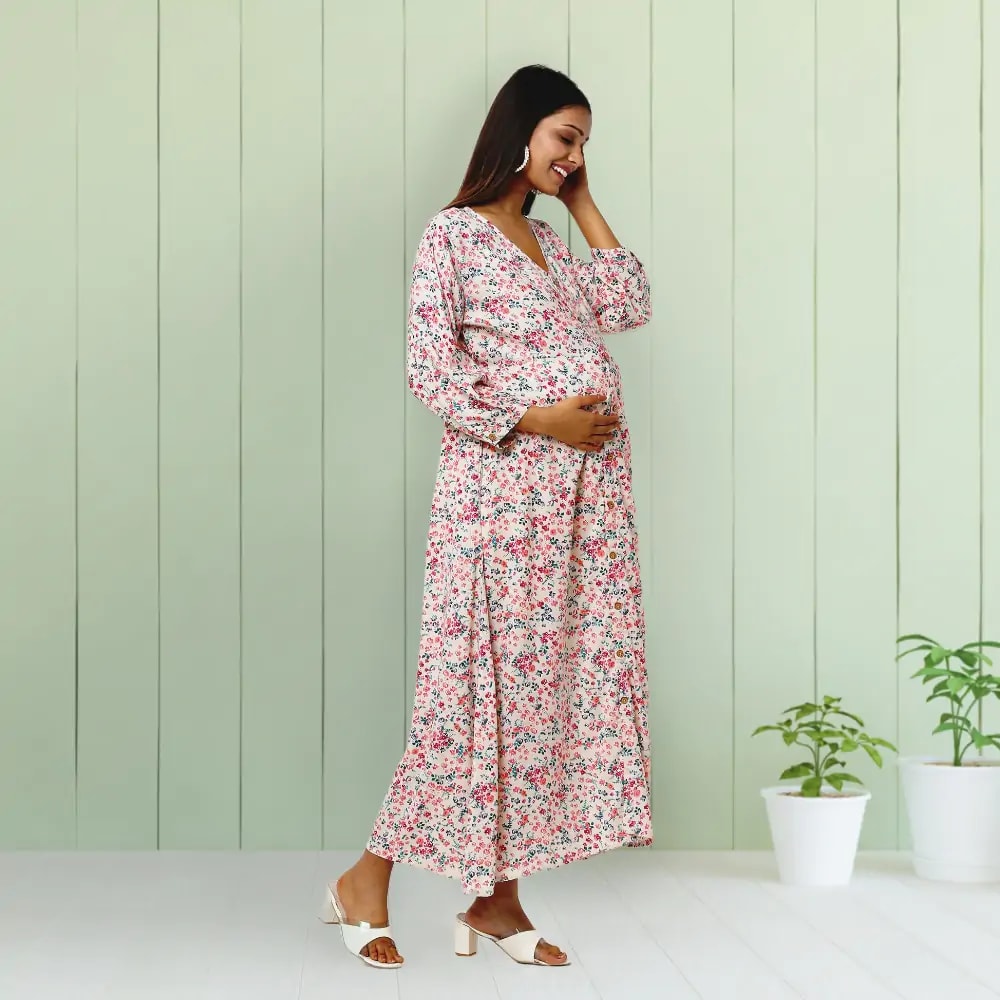 Pre & Post Maternity /Nursing Maxi Dress cum Kurti with both sides Zipper for Easy Feeding – Miami Cream–L