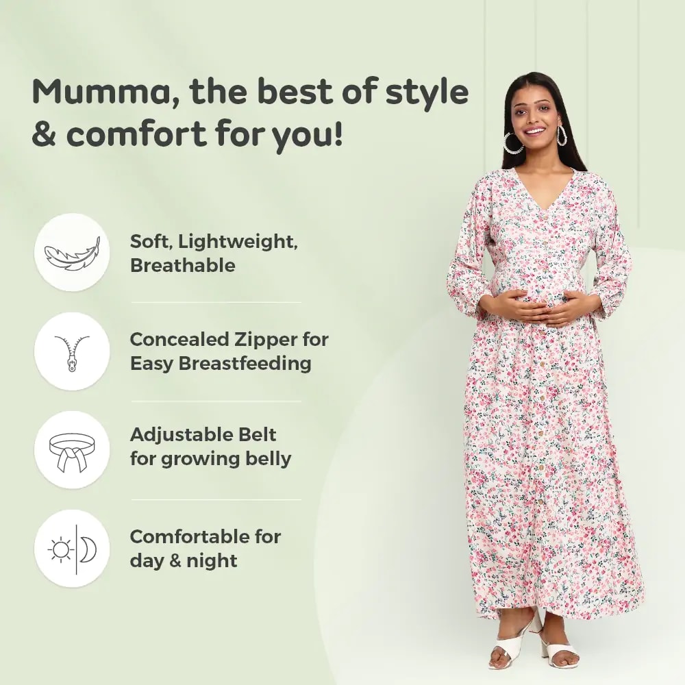 Pre & Post Maternity /Nursing Maxi Dress cum Kurti with both sides Zipper for Easy Feeding – Miami Cream–L