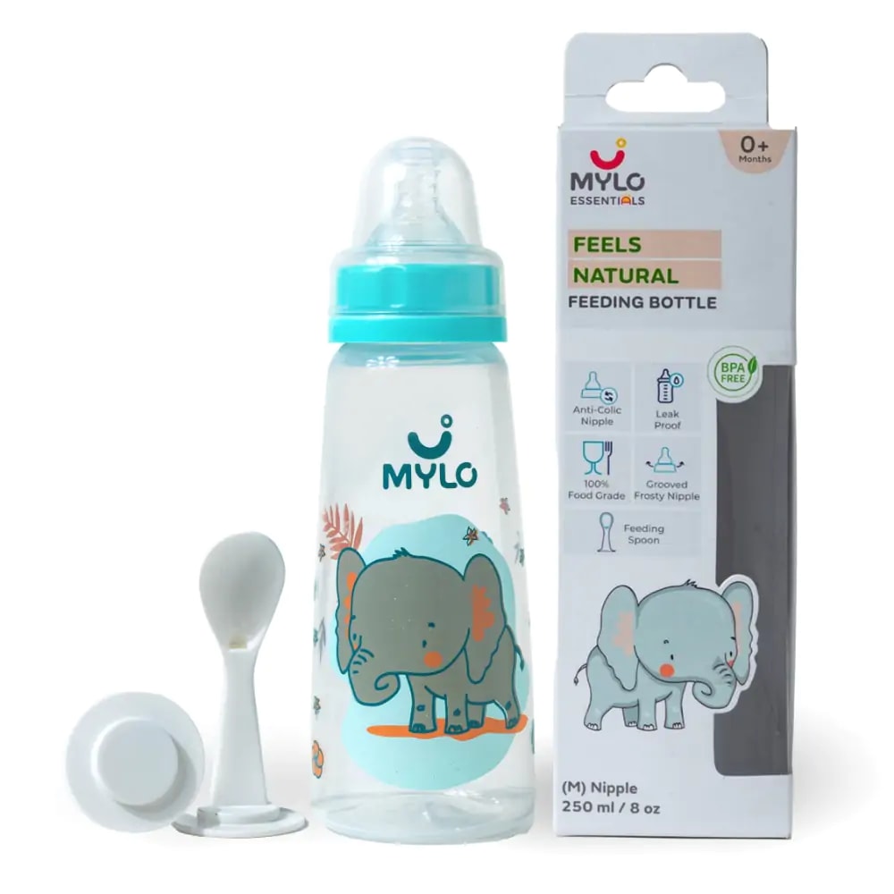2-in-1 Baby Feeding Bottle | BPA Free with Anti-Colic Nipple & Spoon | Easy Flow Neck Design - Green & Elephant 125ml & 250ml