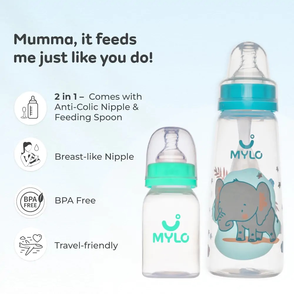 2-in-1 Baby Feeding Bottle | BPA Free with Anti-Colic Nipple & Spoon | Easy Flow Neck Design - Green & Elephant 125ml & 250ml