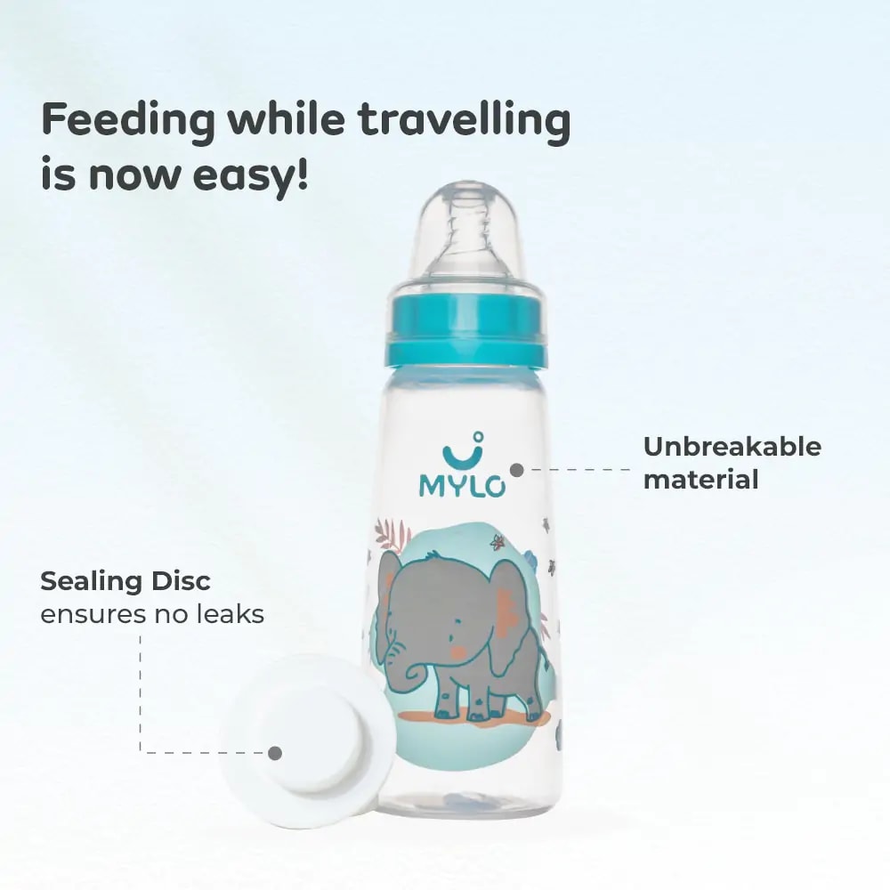 2-in-1 Baby Feeding Bottle | BPA Free with Anti-Colic Nipple & Spoon | Easy Flow Neck Design - Green & Elephant 125ml & 250ml