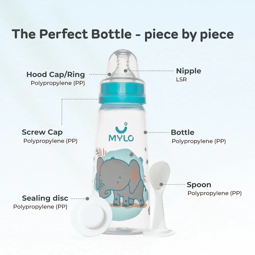 2-in-1 Baby Feeding Bottle | BPA Free with Anti-Colic Nipple & Spoon | Easy Flow Neck Design - Green & Elephant 125ml & 250ml
