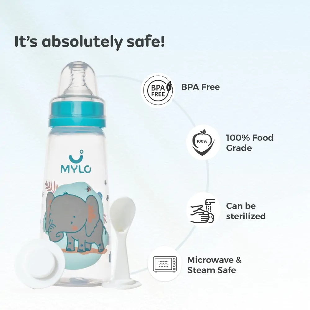 2-in-1 Baby Feeding Bottle | BPA Free with Anti-Colic Nipple & Spoon | Easy Flow Neck Design - Green & Elephant 125ml & 250ml