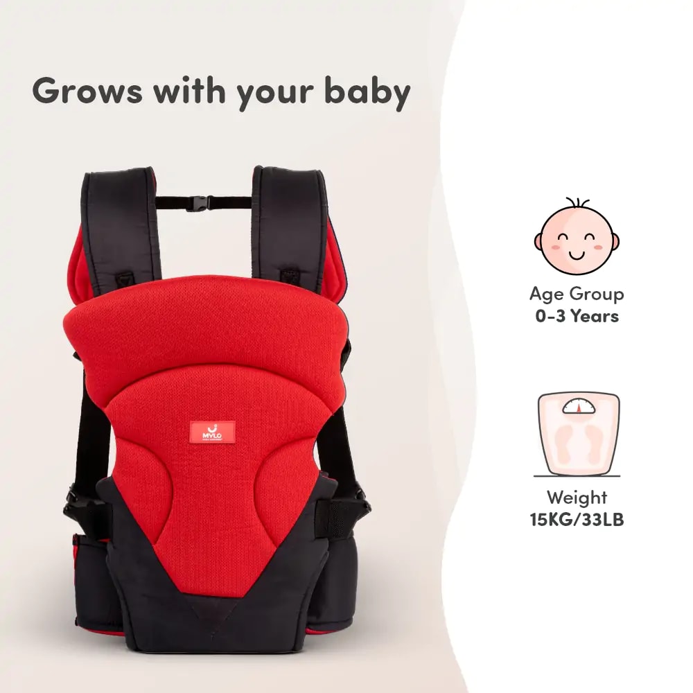 Baby Carrier Bag for 0 to 3 Years with 4 Comfortable Carrying Positions | Lightweight & Travel Friendly | Padded Neck & Shoulder Support - Red & Black