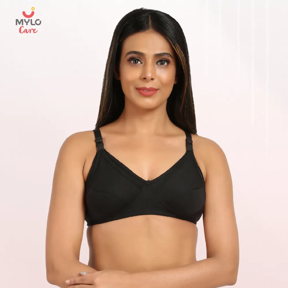 Maternity/Nursing Bras Non-Wired, Non-Padded with free Bra Extender – Classic Black 32 C