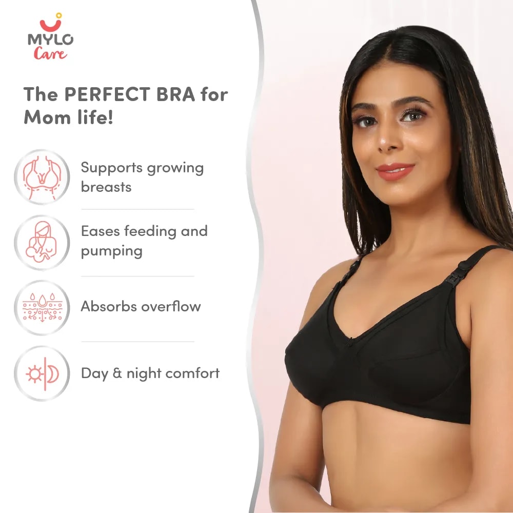 Maternity/Nursing Bras Non-Wired, Non-Padded with free Bra Extender – Classic Black 32 C