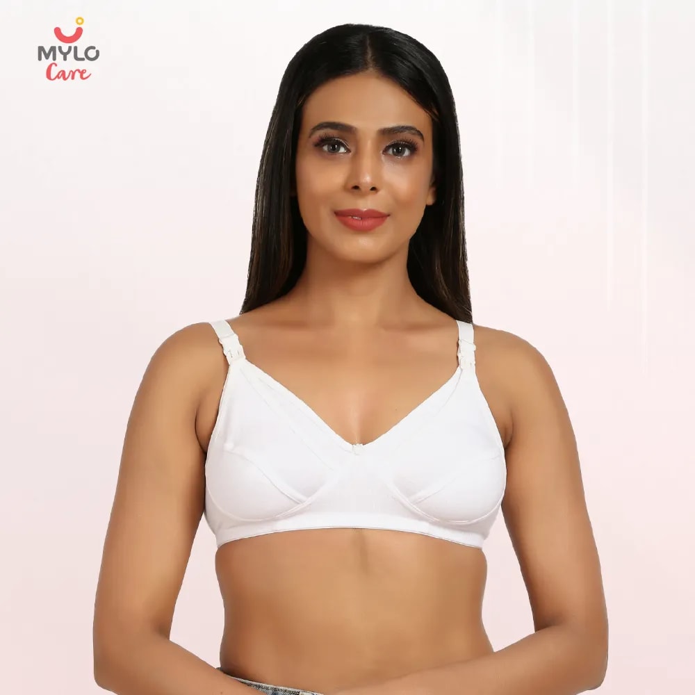 Maternity/Nursing Bras Non-Wired, Non-Padded with free Bra Extender- Classic White 32 C 