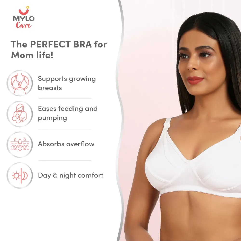 Maternity/Nursing Bras Non-Wired, Non-Padded with free Bra Extender- Classic White 32 C 