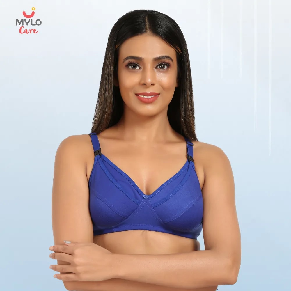 32B- Non-Wired Non-Padded Maternity Bra/Feeding Bra with Free Bra Extender | Supports Growing Breasts | Eases Pumping & Feeding | Persian Blue