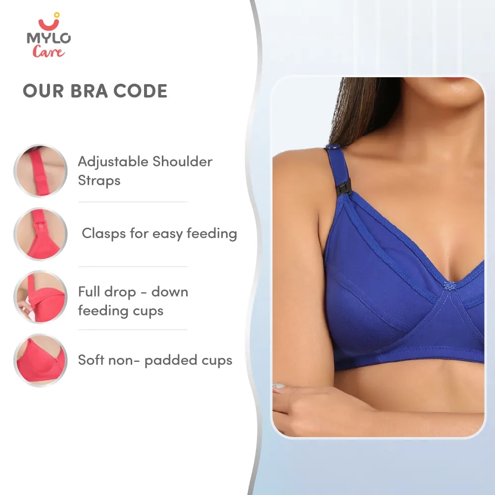 32B- Non-Wired Non-Padded Maternity Bra/Feeding Bra with Free Bra Extender | Supports Growing Breasts | Eases Pumping & Feeding | Persian Blue