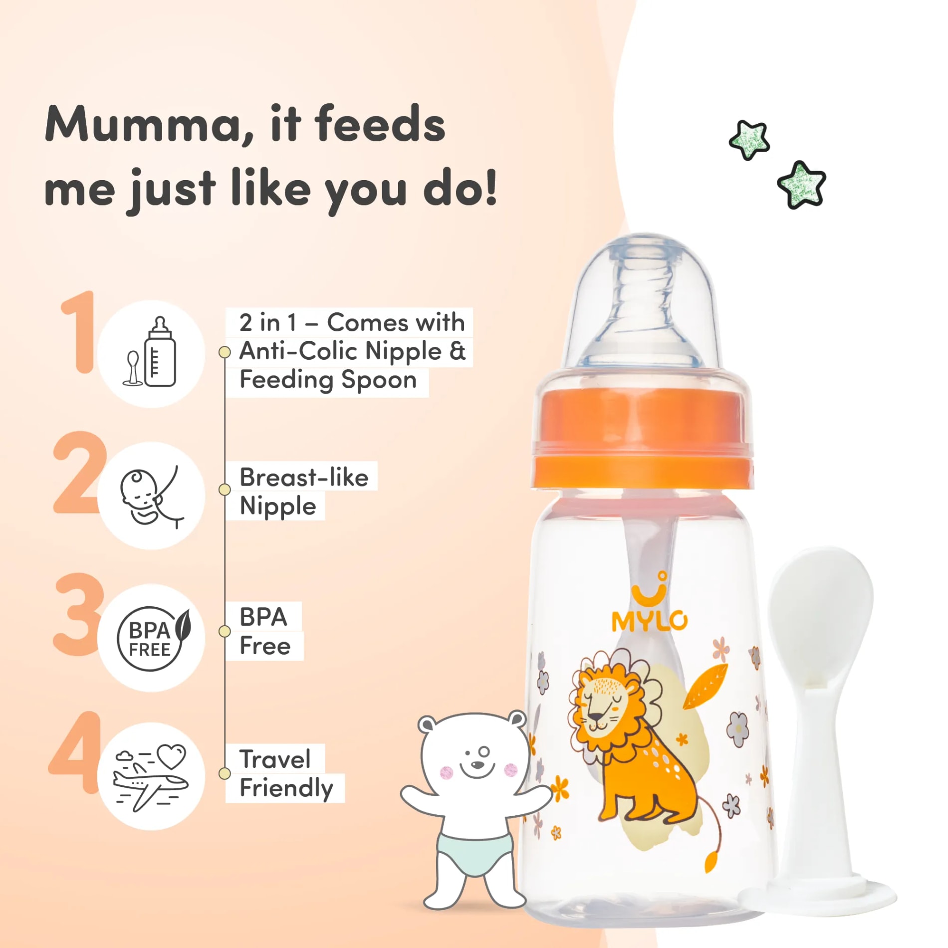 2-in-1 Baby Feeding Sipper Bottle | BPA Free with Anti-Colic Nipple & Spoon | Feels Natural Baby Bottle | Easy Flow Neck Design - Lion 125ml
