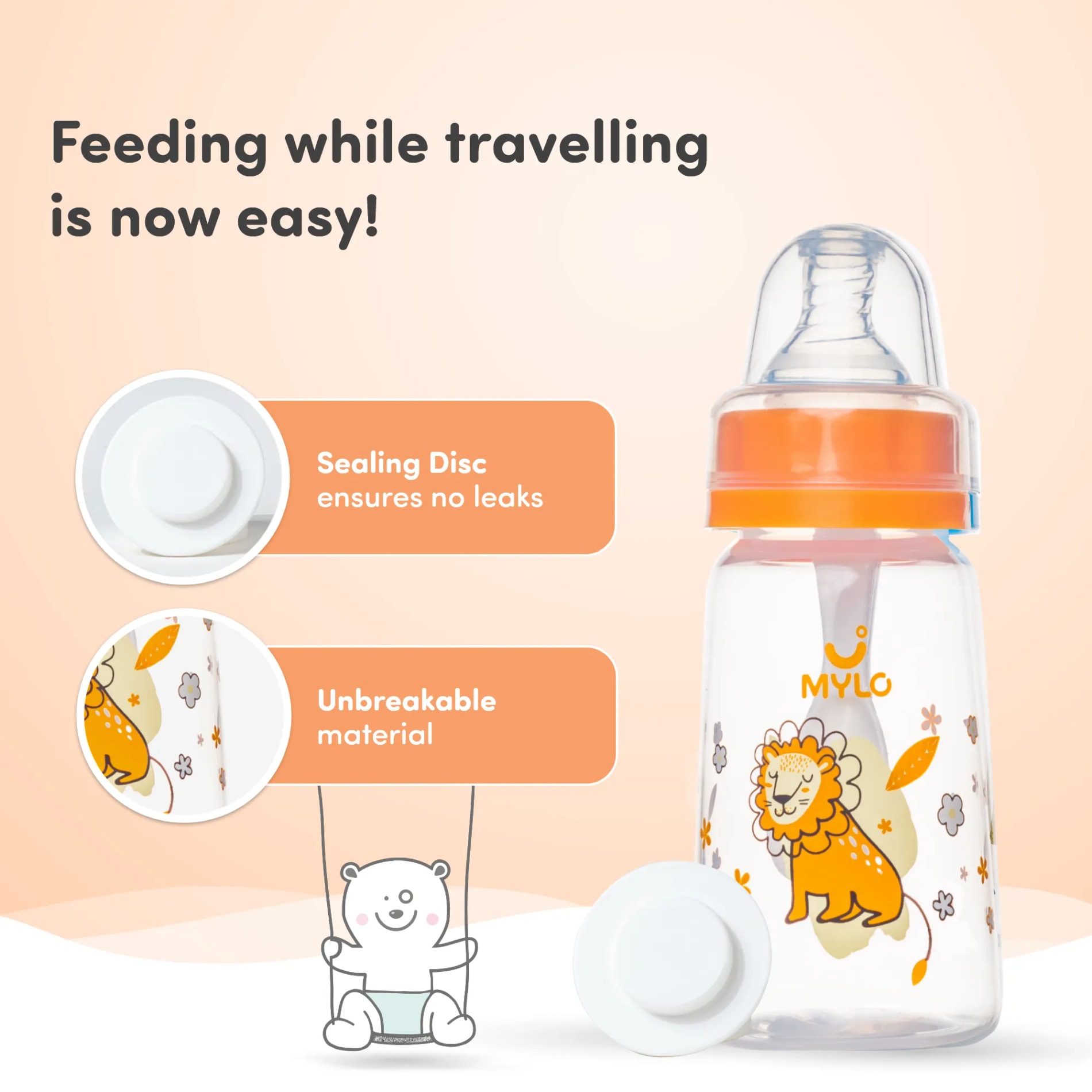 2-in-1 Baby Feeding Sipper Bottle | BPA Free with Anti-Colic Nipple & Spoon | Feels Natural Baby Bottle | Easy Flow Neck Design - Lion 125ml