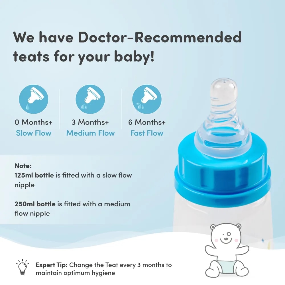2-in-1 Baby Feeding Bottle | BPA Free with Anti-Colic Nipple & Spoon | Feels Natural Baby Bottle | Easy Flow Neck Design - Bear 125ml