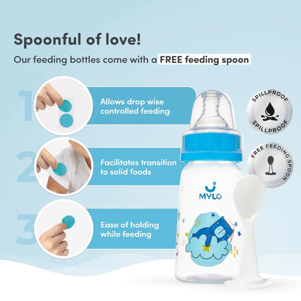 2-in-1 Baby Feeding Bottle | BPA Free with Anti-Colic Nipple & Spoon | Feels Natural Baby Bottle | Easy Flow Neck Design - Bear 125ml