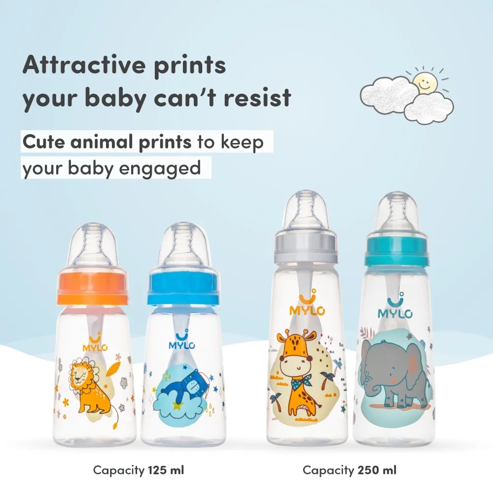 2-in-1 Baby Feeding Bottle | BPA Free with Anti-Colic Nipple & Spoon | Feels Natural Baby Bottle | Easy Flow Neck Design - Bear 125ml