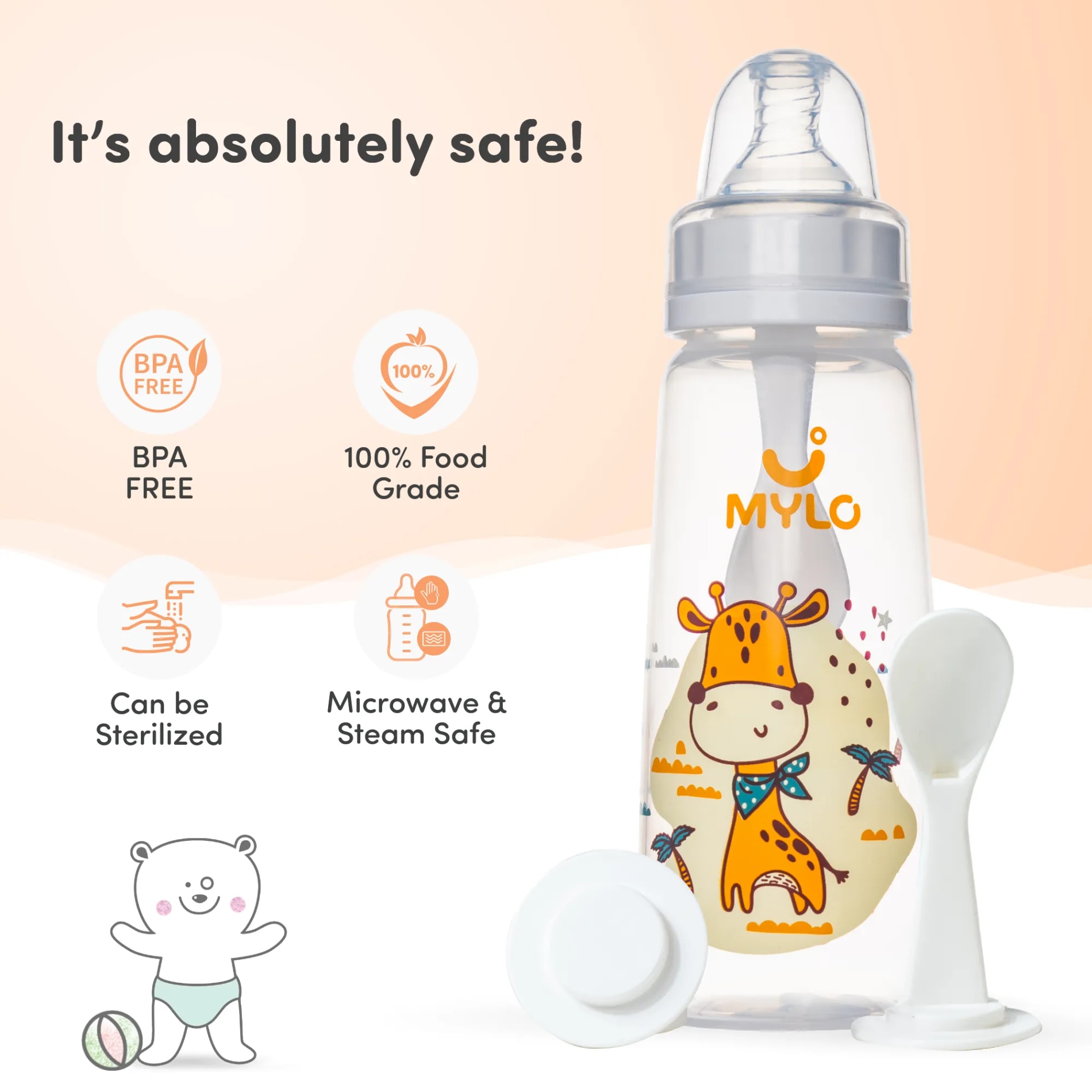 2-in-1 Baby Feeding Bottle | BPA Free with Anti-Colic Nipple & Spoon | Feels Natural Baby Bottle | Easy Flow Neck Design - Giraffe 250ml
