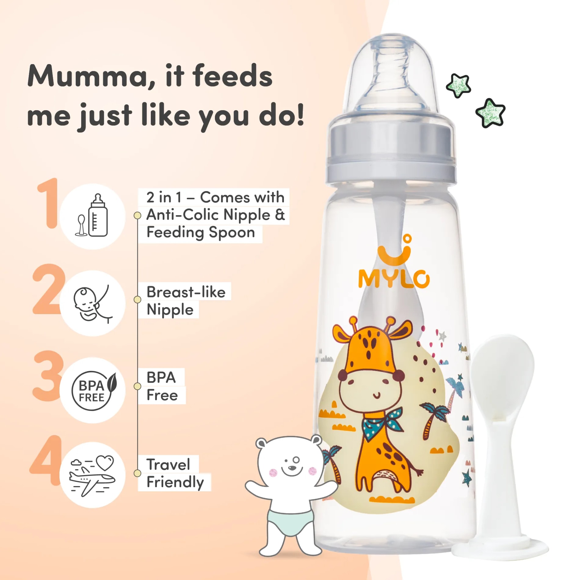 2-in-1 Baby Feeding Bottle | BPA Free with Anti-Colic Nipple & Spoon | Feels Natural Baby Bottle | Easy Flow Neck Design - Giraffe 250ml