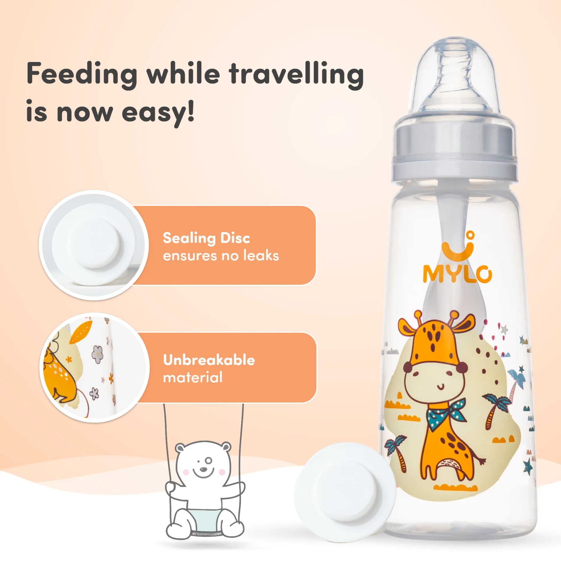 2-in-1 Baby Feeding Bottle | BPA Free with Anti-Colic Nipple & Spoon | Feels Natural Baby Bottle | Easy Flow Neck Design - Giraffe 250ml