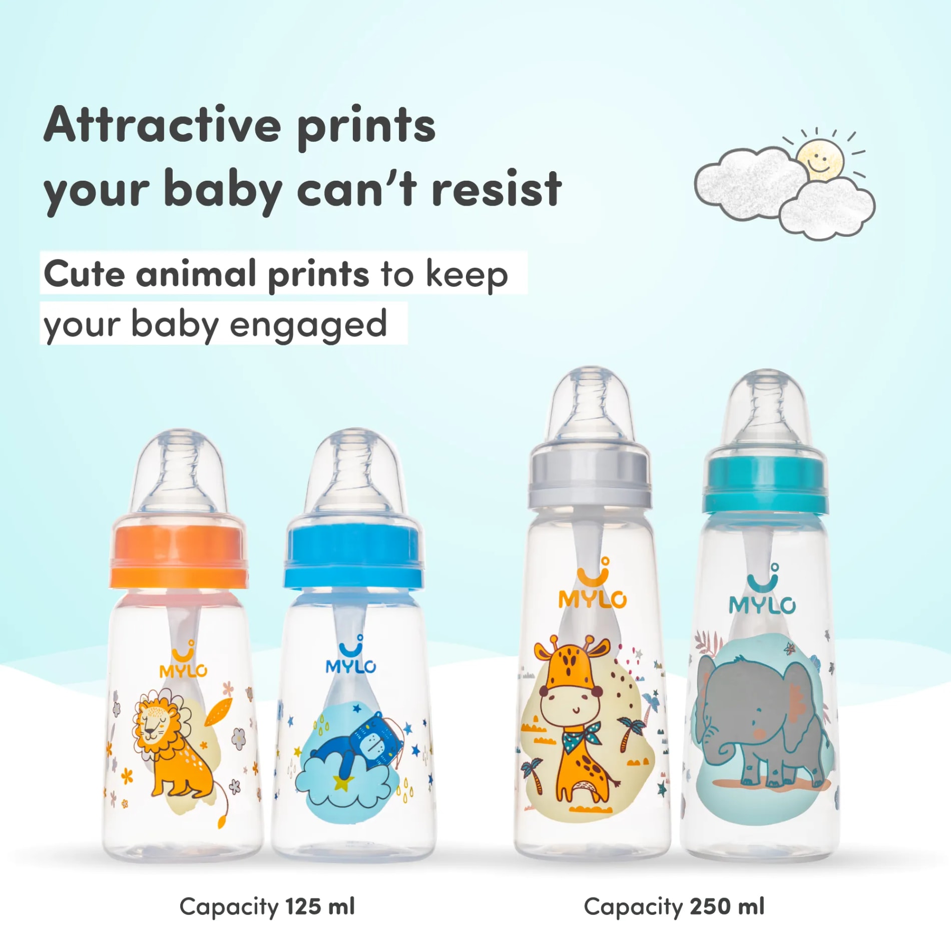 2-in-1 Baby Feeding Bottle | BPA Free with Anti-Colic Nipple & Spoon | Feels Natural Baby Bottle | Easy Flow Neck Design - Elephant 250ml