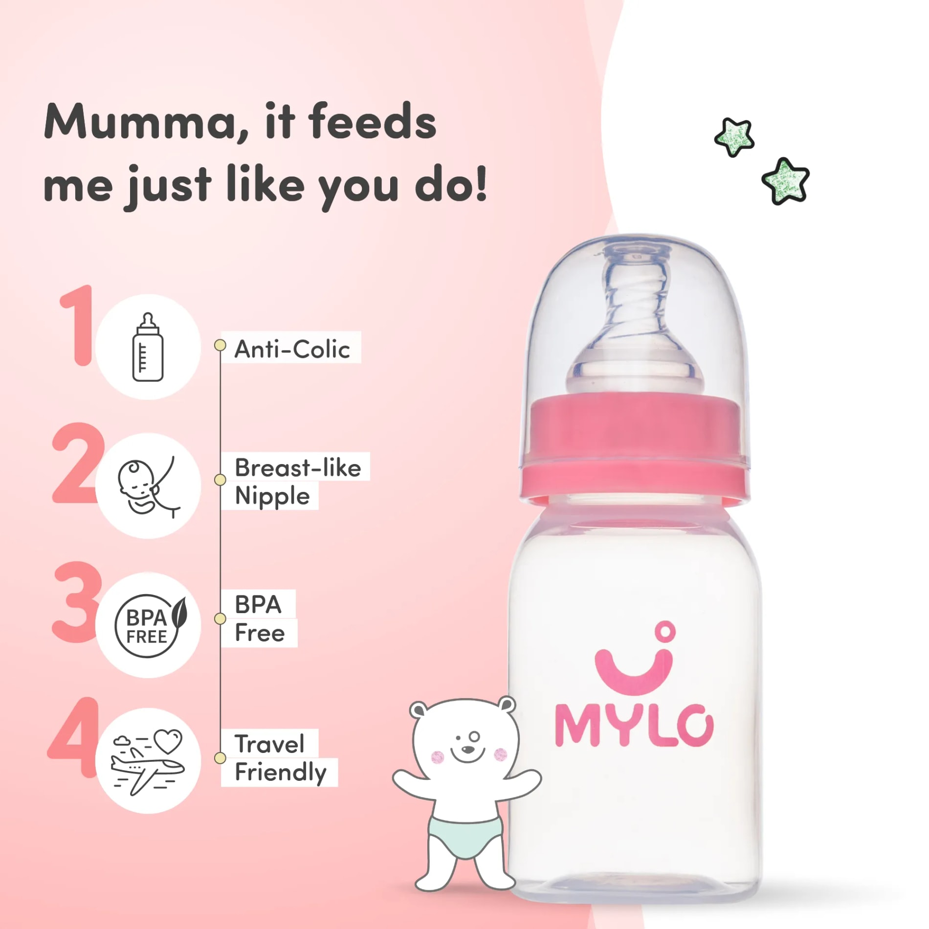 2-in-1 Baby Feeding Sipper Bottle | BPA Free with Anti-Colic Nipple | Feels Natural Baby Bottle | Easy Flow Neck Design - Pink 125ml