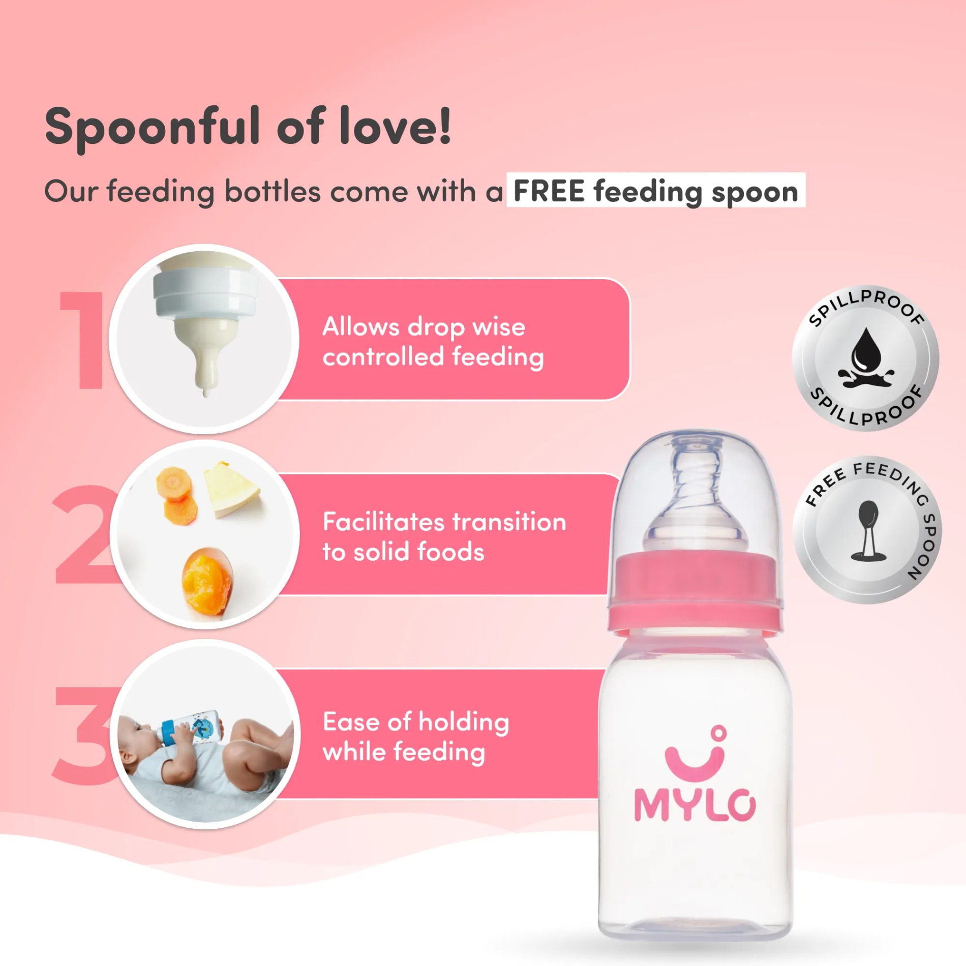 2-in-1 Baby Feeding Sipper Bottle | BPA Free with Anti-Colic Nipple | Feels Natural Baby Bottle | Easy Flow Neck Design - Pink 125ml