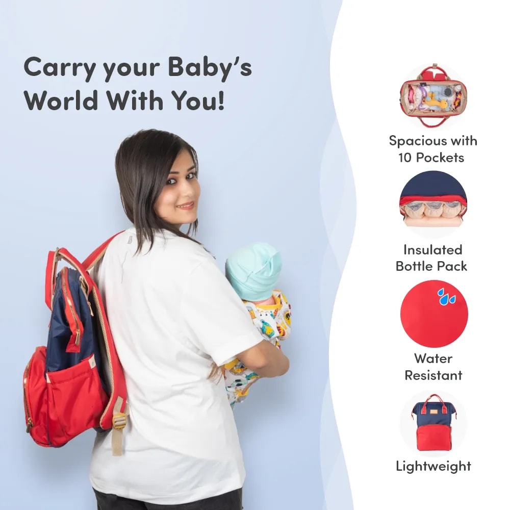 Baby Diaper Bag With Dry/Wet Pockets | Multifunctional 12 Pocket Stylish Diaper Bag Backpack | Water-Resistant | Free Diaper Pouch - Navy & Red