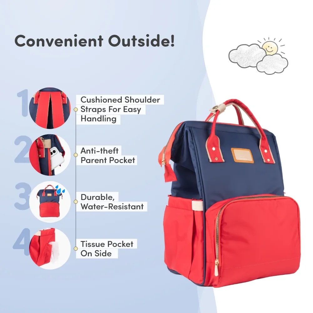 Baby Diaper Bag With Dry/Wet Pockets | Multifunctional 12 Pocket Stylish Diaper Bag Backpack | Water-Resistant | Free Diaper Pouch - Navy & Red