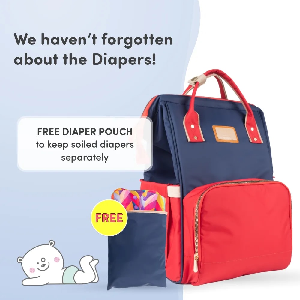 Baby Diaper Bag With Dry/Wet Pockets | Multifunctional 12 Pocket Stylish Diaper Bag Backpack | Water-Resistant | Free Diaper Pouch - Navy & Red