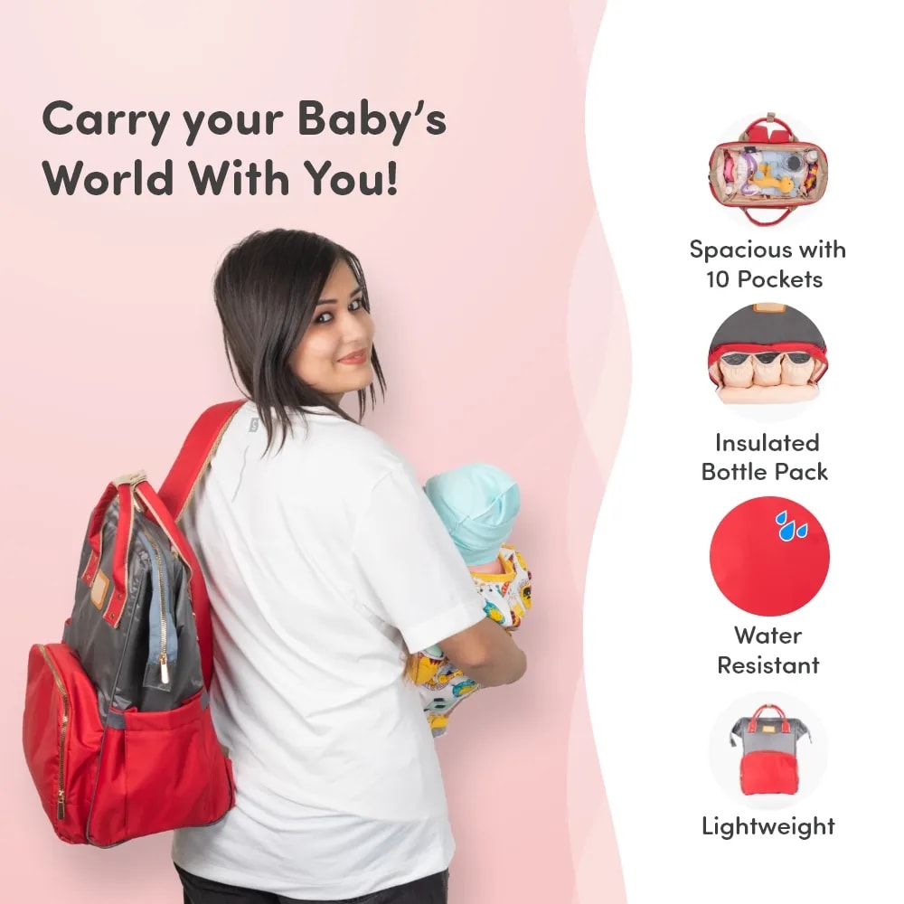 Baby Diaper Bag With Dry/Wet Pockets | Multifunctional 12 Pocket Stylish Diaper Bag Backpack | Water-Resistant | Free Diaper Pouch - Grey & Red