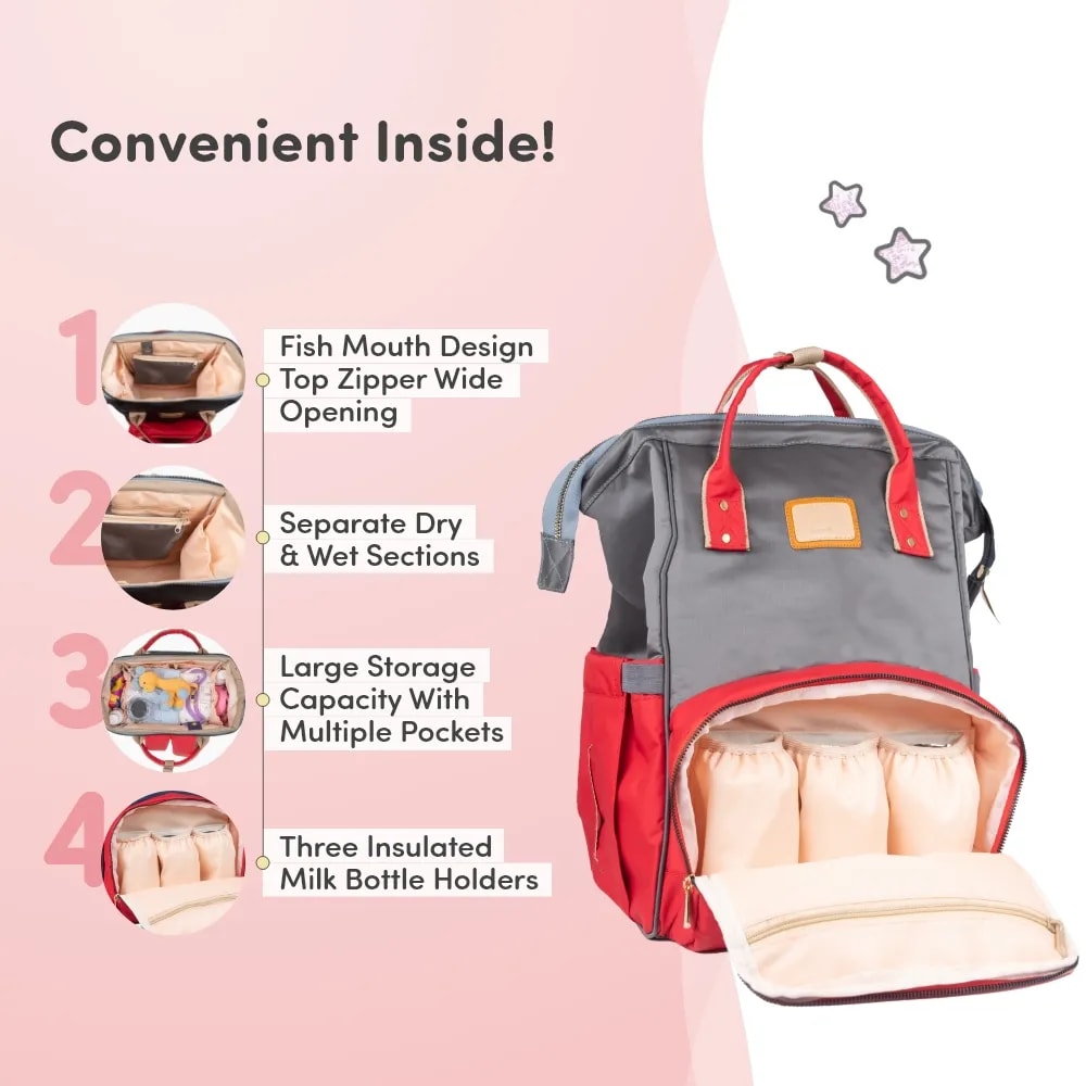Baby Diaper Bag With Dry/Wet Pockets | Multifunctional 12 Pocket Stylish Diaper Bag Backpack | Water-Resistant | Free Diaper Pouch - Grey & Red