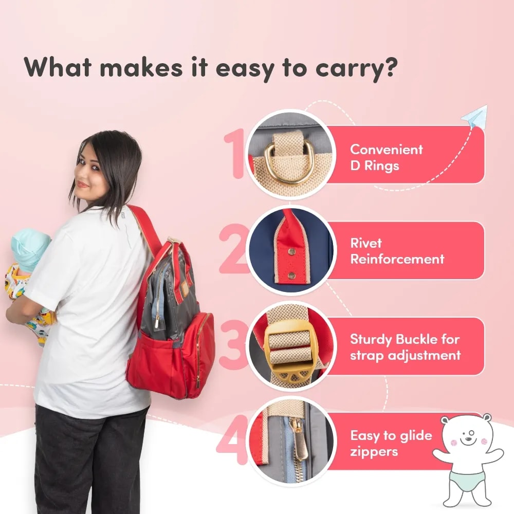 Baby Diaper Bag With Dry/Wet Pockets | Multifunctional 12 Pocket Stylish Diaper Bag Backpack | Water-Resistant | Free Diaper Pouch - Grey & Red