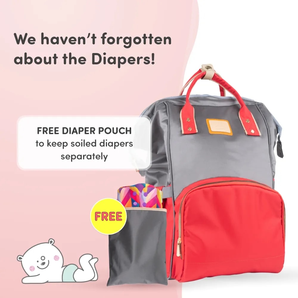 Baby Diaper Bag With Dry/Wet Pockets | Multifunctional 12 Pocket Stylish Diaper Bag Backpack | Water-Resistant | Free Diaper Pouch - Grey & Red
