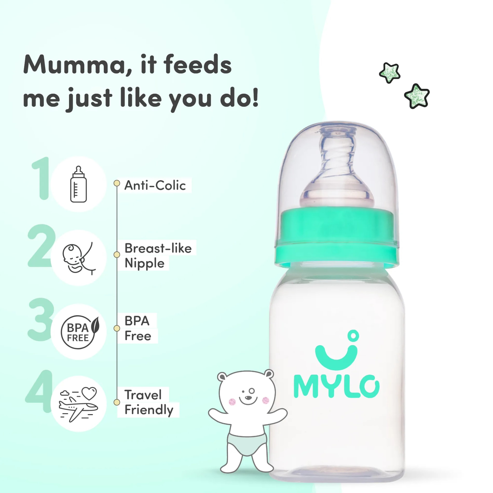 2-in-1 Baby Feeding Sipper Bottle | BPA Free with Anti-Colic Nipple | Feels Natural Baby Bottle | Easy Flow Neck Design - Green 125ml
