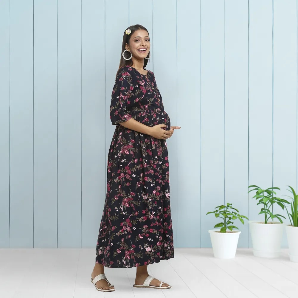 Maternity Dresses For Women with Both Side Zipper For Easy Feeding | Adjustable Belt for Growing Belly | Maxi Dress | Garden Flowers | L
