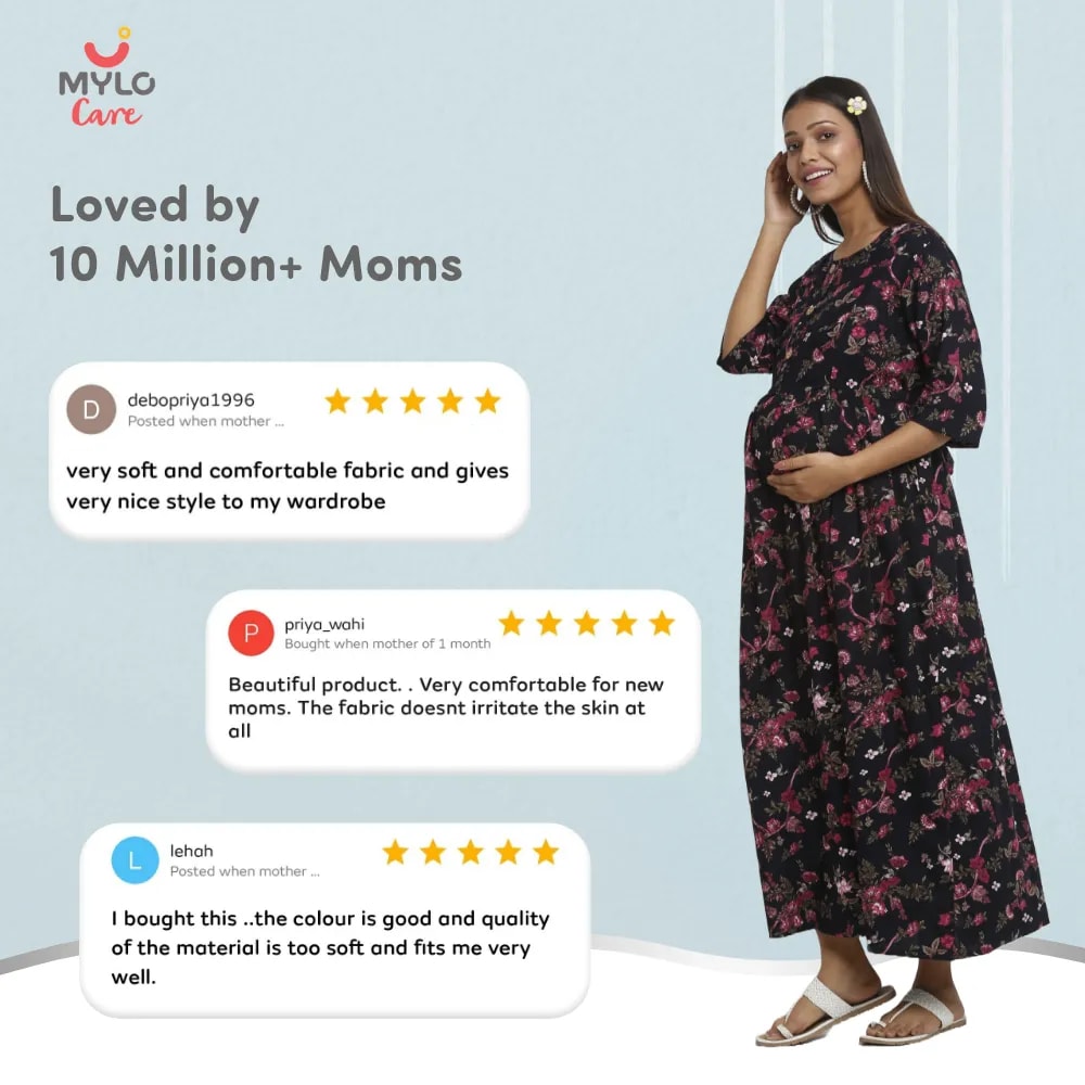 Maternity Dresses For Women with Both Side Zipper For Easy Feeding | Adjustable Belt for Growing Belly | Maxi Dress | Garden Flowers | L