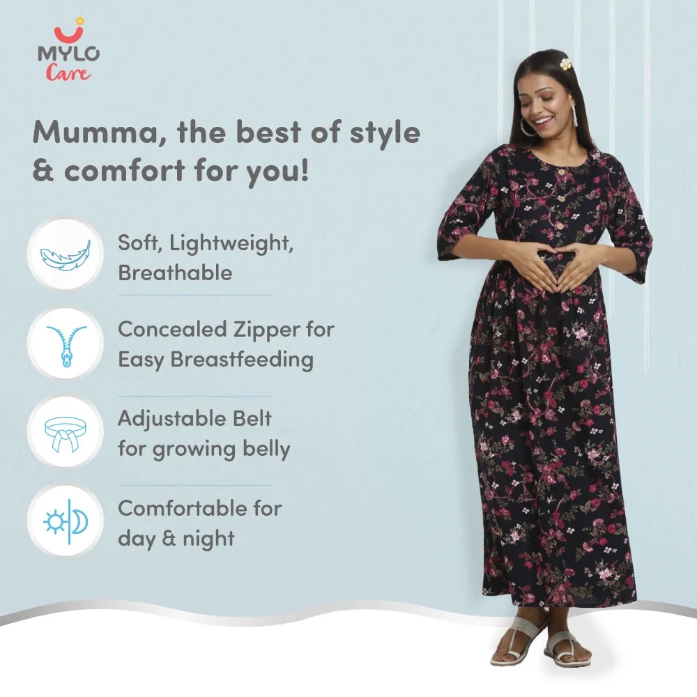 Maternity Dresses For Women with Both Side Zipper For Easy Feeding | Adjustable Belt for Growing Belly | Maxi Dress | Garden Flowers | L