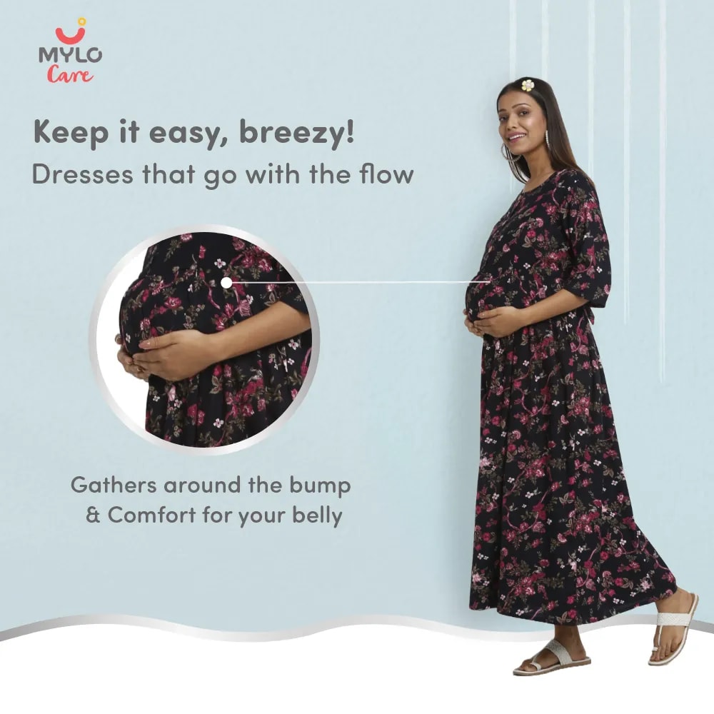 Maternity Dresses For Women with Both Side Zipper For Easy Feeding | Adjustable Belt for Growing Belly | Maxi Dress | Garden Flowers | L