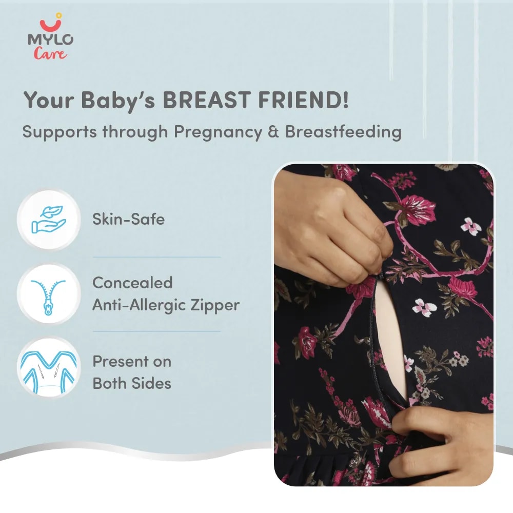 Maternity Dresses For Women with Both Side Zipper For Easy Feeding | Adjustable Belt for Growing Belly | Maxi Dress | Garden Flowers | L