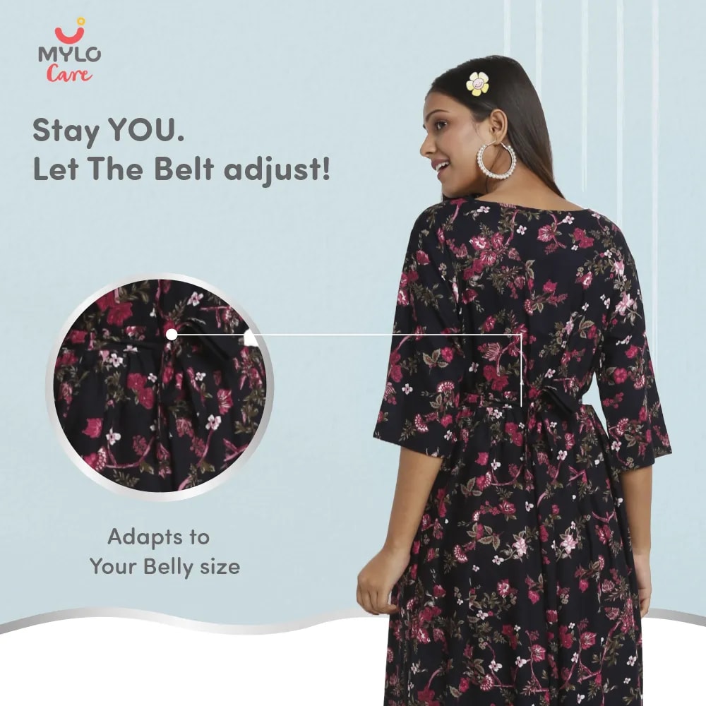Maternity Dresses For Women with Both Side Zipper For Easy Feeding | Adjustable Belt for Growing Belly | Maxi Dress | Garden Flowers | L