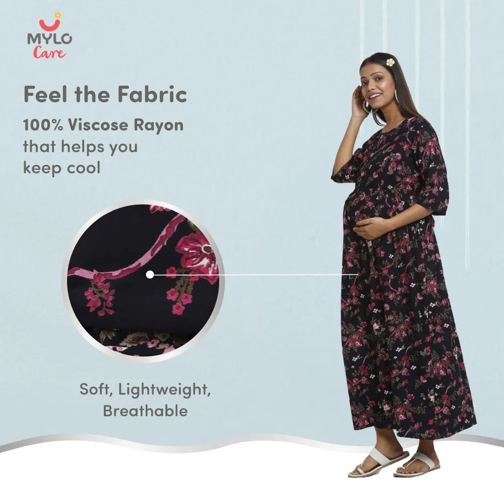 Maternity Dresses For Women with Both Side Zipper For Easy Feeding | Adjustable Belt for Growing Belly | Maxi Dress | Garden Flowers | L