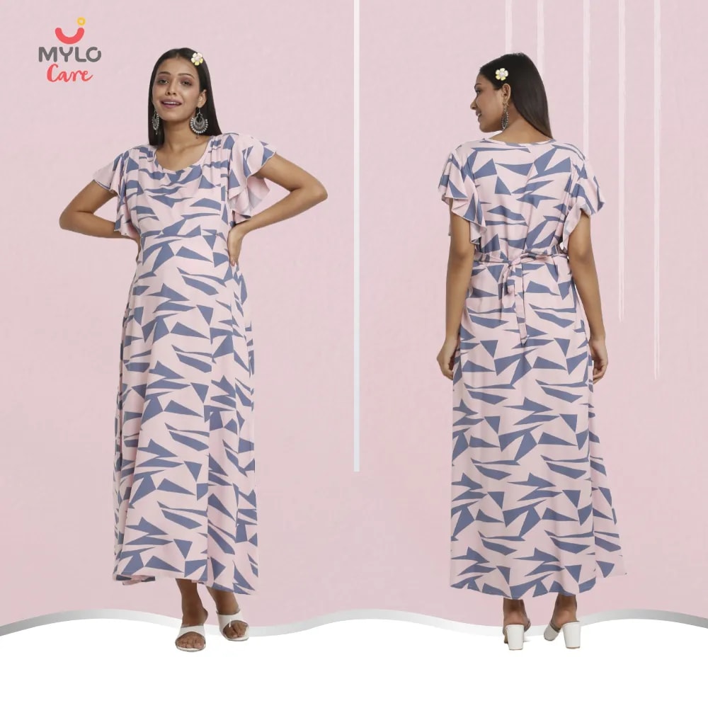 Maternity Dresses For Women with Both Side Zipper For Easy Feeding | Adjustable Belt for Growing Belly | Maxi Dress | Geometric - Pink | M