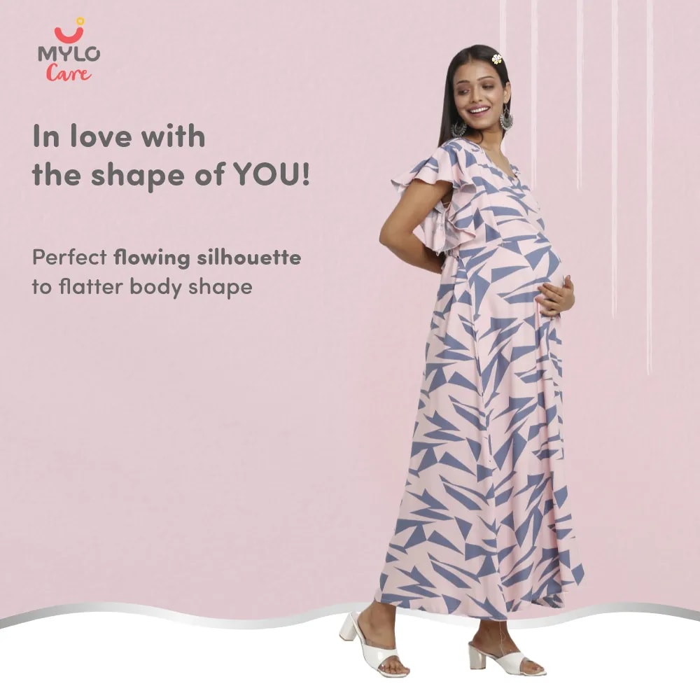 Maternity Dresses For Women with Both Side Zipper For Easy Feeding | Adjustable Belt for Growing Belly | Maxi Dress | Geometric - Pink | M